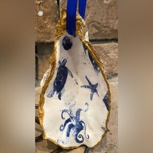 Handcrafted X-Large Oyster Shell Ornament Blue & White Sea Life With Gold Accent